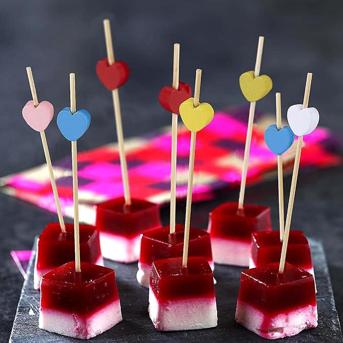 Minisland Yellow Love Heart Cocktail Picks, 4.7 Inch Long Bamboo Fancy Toothpicks for Appetizers, Decorative Mardi Gras Wedding Party Food Drinks Garnish Fruit Kabob Skewer Sticks 100 Counts -MSL441