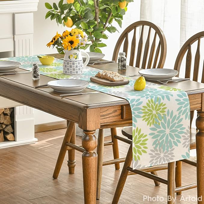 Artoid Mode Green Dahlia Floral Pinnata Summer Table Runner, Spring Kitchen Dining Table Decoration for Home Party Decor 13x72 Inch