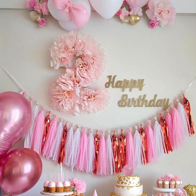 Shiny Tassel Garland Tissue Paper Tassel Banner,Tassels Party Decorations for Gender Reveal,Wedding,Birthday,Bridal/Baby Shower,Pack of 15 (Rose Gold/Pink/White)