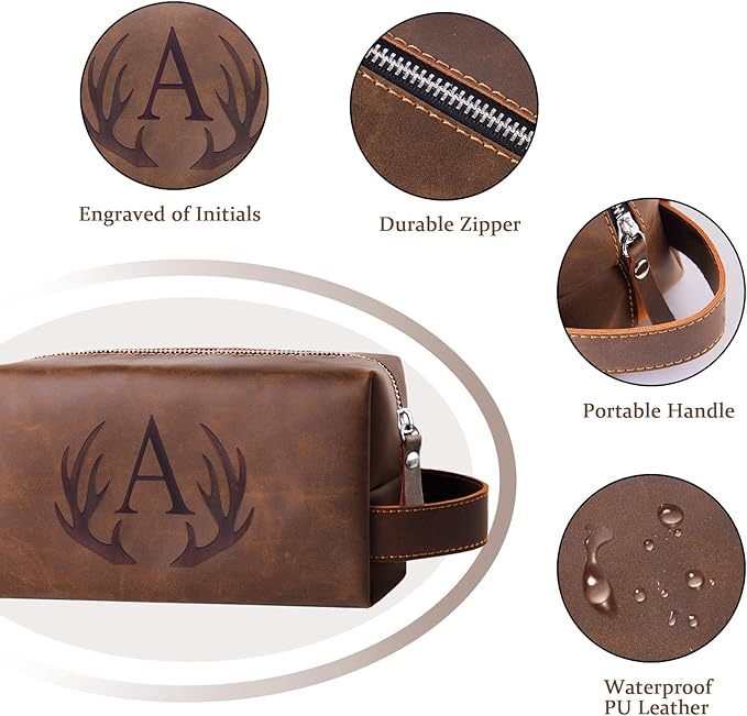 Personalized Travel Toiletry Bag Initial PU Leather Shaving Bag Birthday Christmas Retirement Gifts for Men Him Father Dad Grandpa Male Colleague Coworker Employee Friends Teacher Coach (G)