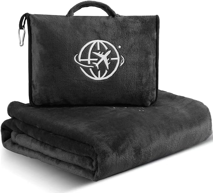 2-in-1 Travel Blanket and Pillow – Lightweight, Compact, Ultra Soft, Machine Washable – Handle, Luggage Sleeve, Backpack Clip – for Travel Airplane, Car, Office (Black)