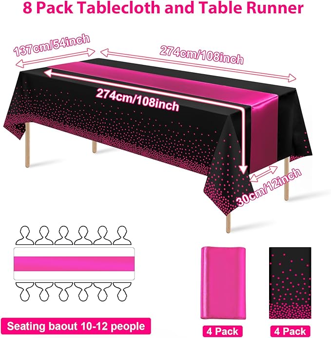 8Pack Disposable Plastic Party Tablecloths and Satin Table Runner Set Black Hot Pink Dot Table Cloth Hot Pink Satin Table Runner for Wedding Birthday Baby Shower Anniversary Holiday Party Decorations