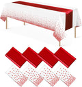 8Pack Disposable Plastic Tablecloths and Satin Table Runner Set White and Red Dot Tablecloth Red Satin Table Runner for Wedding Birthday Baby Shower Anniversary Christmas New Year Party Supplies