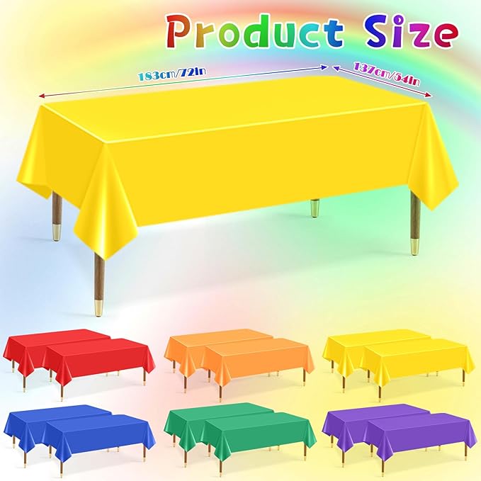 Mwellewm 12Pcs Plastic Table Cloth Disposable, Assorted Color Rainbow Tablecloth Colorful Neon Rectangle Bulk Solid Table Cover for Birthday Wedding Graduation Picnic Home Party Decoration(54x72 Inch)