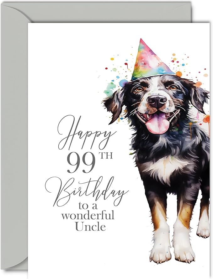 99th Birthday Cards for Uncle - Party Dog - Happy Birthday Card for 99 Year Old Uncle from Nephew Niece, A5 Bday Men Man Him Greeting Cards Gift for Uncle Birthday Gifts