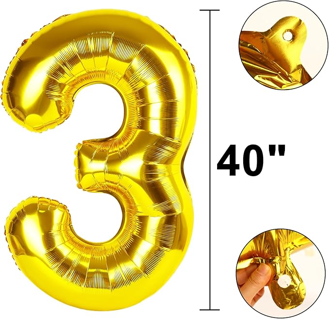 40 Inch Gold Balloon Number 3 Balloon,Number Balloons Gold Big Giant Jumbo Number 3 Foil Mylar Balloons for 13th Birthday Party Anniversary Events,Wedding Anniversary Party Decorations