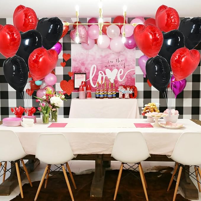 TONIFUL 30Pcs 18 Inch Red Black Heart Balloons Valentine’s Day Heart Shape Foil Mylar Balloons Decoration for Romantic Valentine's Day Wedding Bridal Shower Anniversary Engagement Party Supplies
