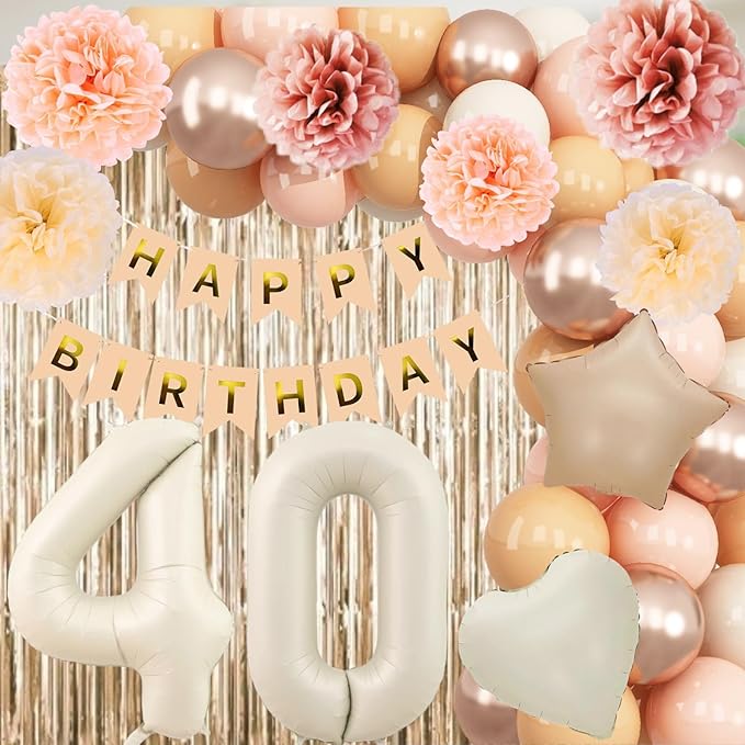 Beige 40th Birthday Decorations for Women Cream Number 40 Balloon Nude Gold Happy Birthday Banner Fringe Curtain Paper Pom Poms Blush White Sand Champagne Star Foil Balloons Neutral Boho Party Decor