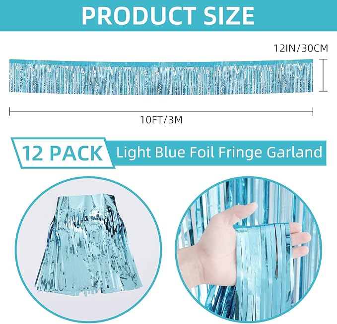 12 Pack 10 Feet Metallic Foil Fringe Garland Tinsel Streamers Banner, Light Blue Wall Hanging Tinsel Fringe Banners for Parade Floats, Wedding, Birthday, Christmas, New Year Party Decorations