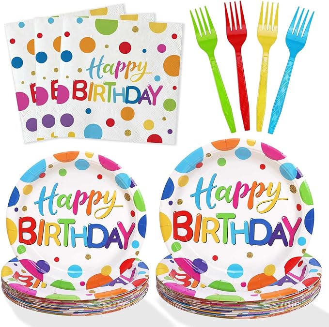 Multicolor Birthday Decorations Plates Set for 25 Guests, 100 Pieces Birthday Paper Plates Napkins Forks with Colorful Dots Design Tableware for Kids Boys Girls