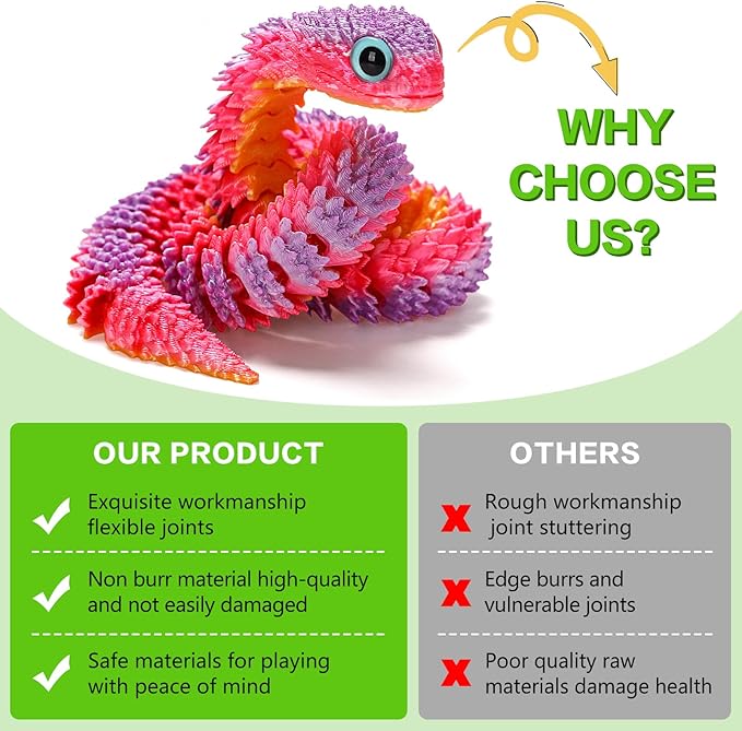 3D Printed Snake,12in Flexible 3D Printed Animal Snake,Christmas Fidget Toys Gifts Halloween Decorations Indoor Outdoor,Decorative Easter for Kids Home Decor. （9pcs）