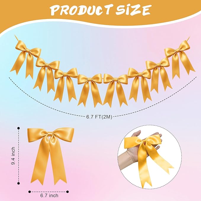 1 String of 8PCS Golden Bow Garland Banner Decoration,Pre-Strung Satin Ribbon Ornaments for Birthday,Bachelorette Party,Bridal Shower,Wedding,Engagement,Baby Shower,Graduation Decor,Anniversary