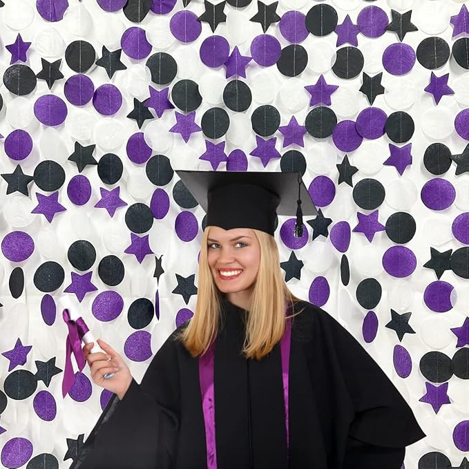 173 Ft Purple Black and White Party Decorations Big Star Circle Dot Backdrop Streamer Garland for Graduation Birthday Bachelorette Engagement Wedding Bridal Shower Baby Shower Halloween Party Supplies