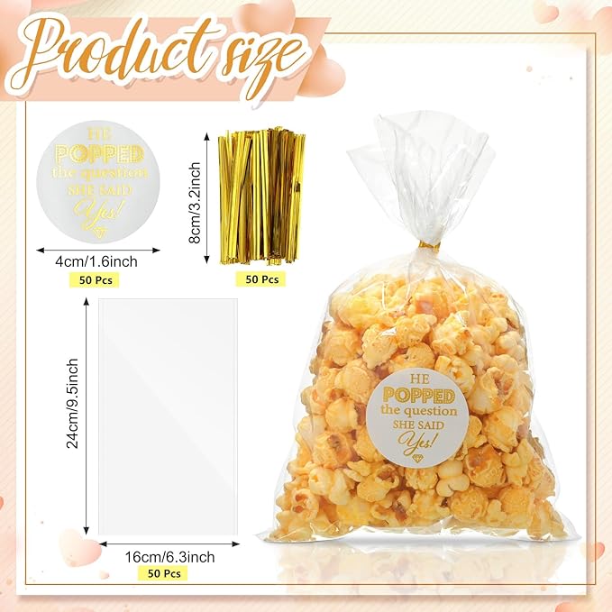 AIOMOB 50 Pack He Popped the Question Popcorn Bags Engagement Party Favors Decorations She Said Yes Sticker Clear Popcorn Favor Bags for Engagement Party Bridal Shower Wedding Supplies