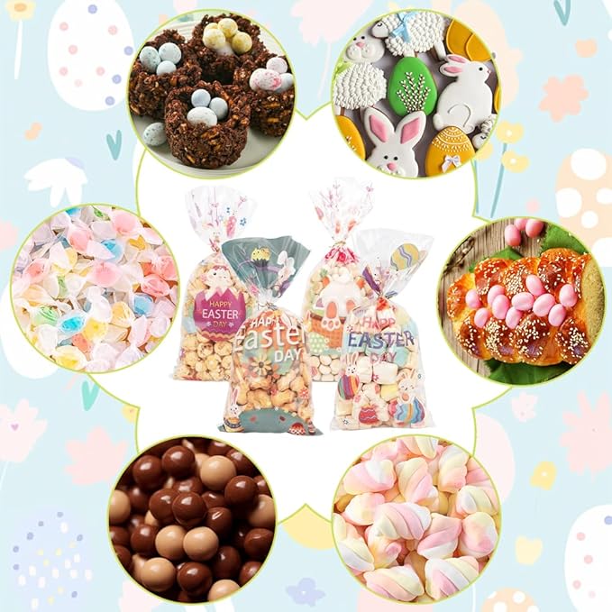Easter Goodie Bags, 200 PCS Easter Cellophane Treat Bags, Easter Cookie Snack Candy Party Favor Ziplock Cookie Bags Holiday Candy Bags Easter Plastic Gift Bags for Gift Giving Easter Decorations