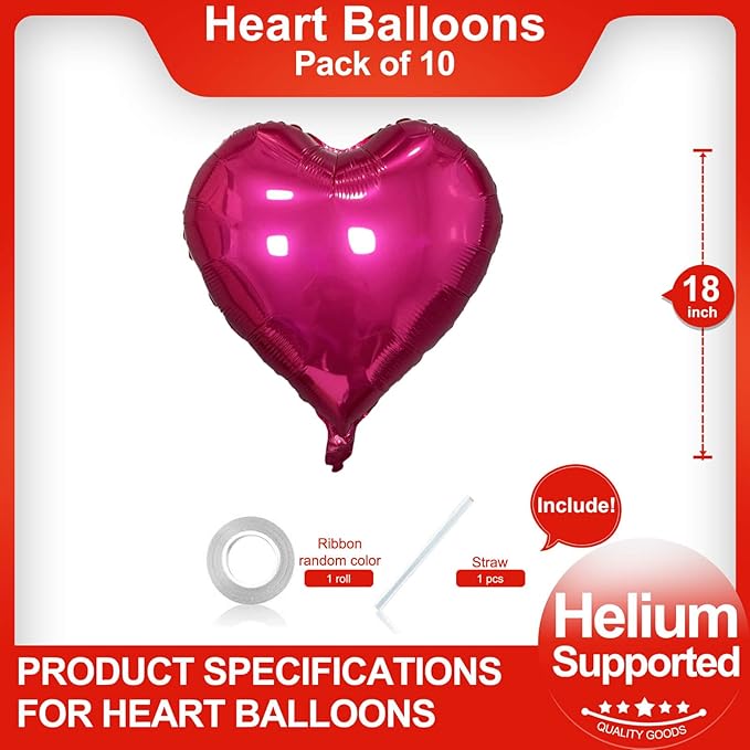 Hot Pink Heart Shaped balloons Pack of 10,18 Inch Vibrant Pink Love Valentine Balloons Heart Romantic Balloons For Valentines Day Propose Marriage Wedding Bridal Shower Engagement Party Decorations
