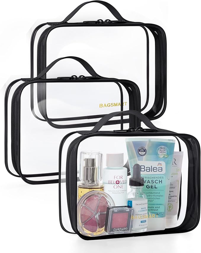 BAGSMART Clear Toiletry Bag, TSA Approved Travel Toiletry Bag Carry On Travel Accessories Bag Airport Airline Quart Size Bags water-resistant Makeup Bag for Women