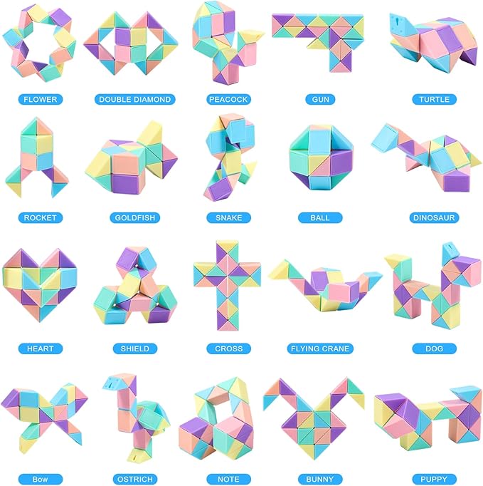 12 Pack Magic Snake Cube Fidget Toys for Kids - 24 Blocks Rainbow & Macaron Twist Puzzle, Party Favors, Classroom Prizes, Birthday Goodie Bag Fillers, Stress Relief Sensory Toys