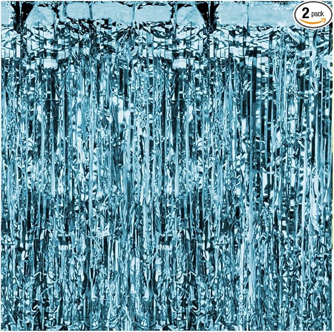 Pack of 2 Matte Blue Foil Fringe Curtains – Blue Tinsel Backdrop for Photo Booth, Birthday, Wedding, Baby Shower, Bachelorette, Christmas & Holiday Party Decorations