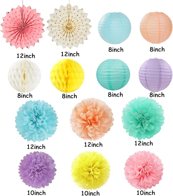 Pastel Rainbow Party Decorations Streamers - 14pcs Boy Girl Kids Birthday Supplies,Pink Yellow Blue Paper Lanterns Fan,Tissue Pom Poms,Honeycomb Balls, Baby Shower Wedding Decor Lasting Surprise