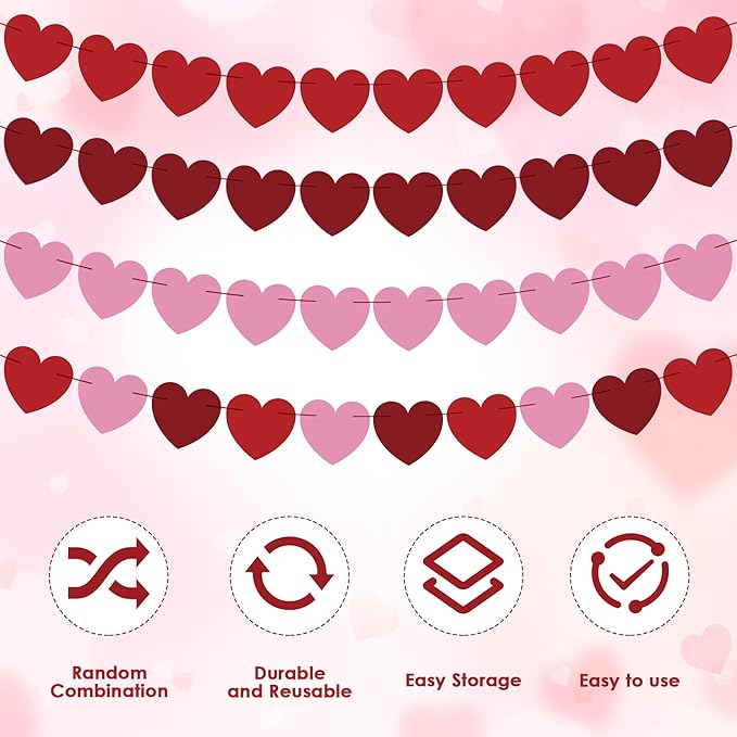 OHOME Valentines Day Decorations - Heart Valentines Garland - 40 Pack Valentine's Day Backdrop Banner Valentine's Day Accessories Party Favors for Door Wall Classroom School Home-Valentines Day Decor