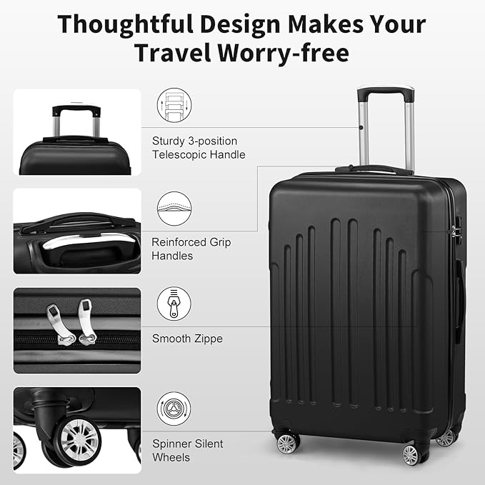 Karl home 28 Inch Check-in Luggage with Spinner Wheels, ABS Hardshell Checked Suitcase with TSA Lock, Durable Large Suitcase Rolling Luggage for Men Women, Black