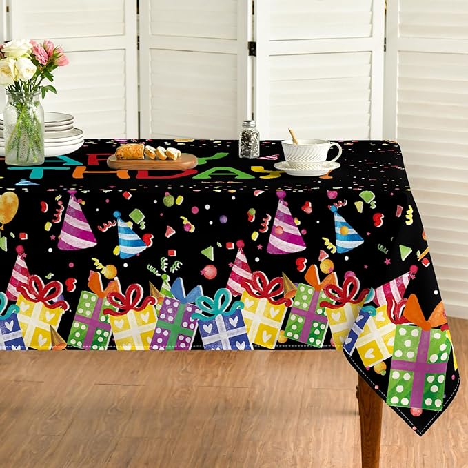 Horaldaily Birthday Tablecloth 60x140 Inch Rectangular, Happy Birthday Ballon Black Washable Seasonal Table Cover for Party Picnic Dinner Decor