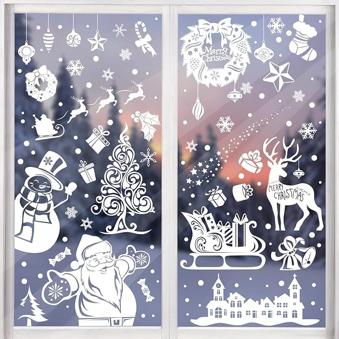 CCINEE Christmas Window Clings, 167pcs White Xmas Window Sticker 8 Sheets Snowflakes Santa Claus Reindeer Decals for Holiday Decoration Glass Window