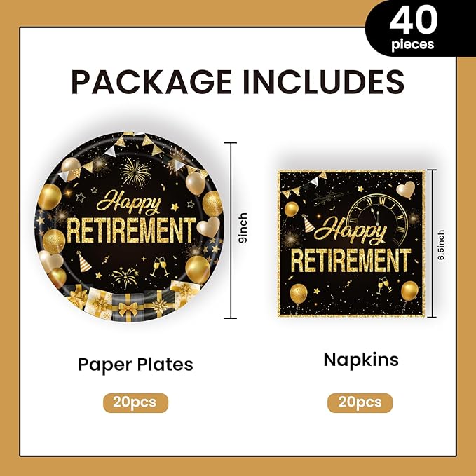 40Pcs Retirement Paper Plates and Napkins Party Supplies, Disposable Happy Retirement Decorations Party Plates Napkins Black Gold Tableware Set for Men Women