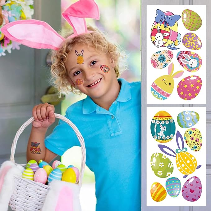 80+ Pieces Easter Egg Tattoos for Kids, 10 Sheets Easter Bunny Egg Tattoo Stickers for Easter Party Decorations Favors Supplies