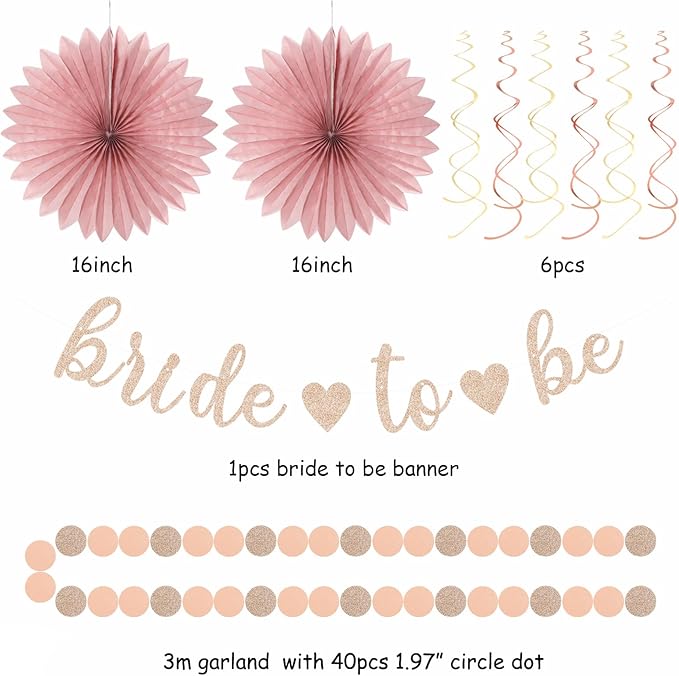 Blush-Pink Rose-Gold Bridal-Shower Party Decorations - 21pcs Bride to Be Sign Banner,Bachelorette Paper Lanterns Honeycomb,Wedding Streamers Garland,Fall Tissue Pom Poms Fans Decor Supplies Burgleda