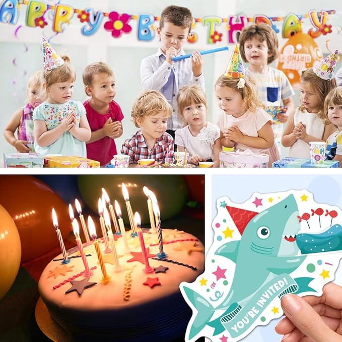 RZHV 15 Pack Blue Shark and Birthday Cake Shaped Fill-In Invitations Cards With Envelopes for Boys & Girls Adults, Funny Baby Shower Party Birthday Party Invite (Baby Shower)