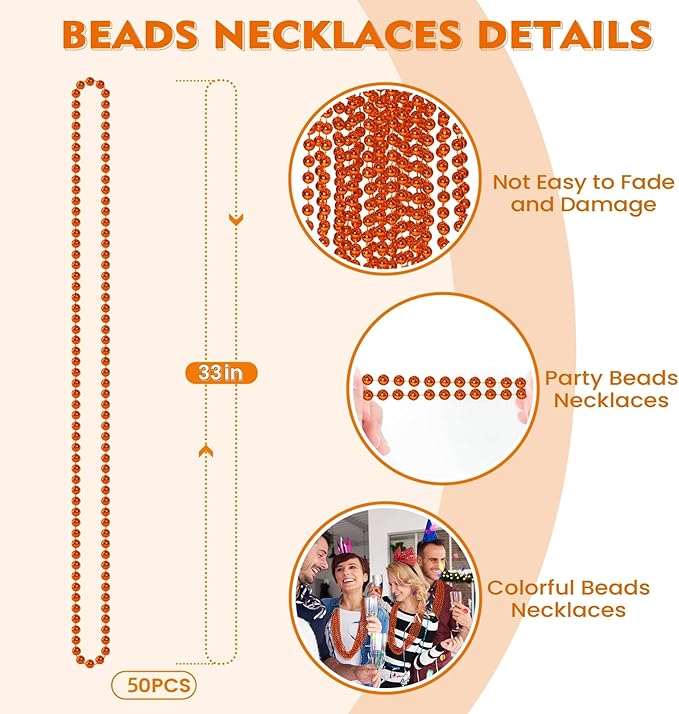 SHAOQINLIN 50 PCS Orange Bead Necklace, Orange Mardi Gras Beads, Halloween Necklaces, 33 Inch Party Beads Necklace Round Beaded Necklace for Mardi Gras, Christmas, Halloween