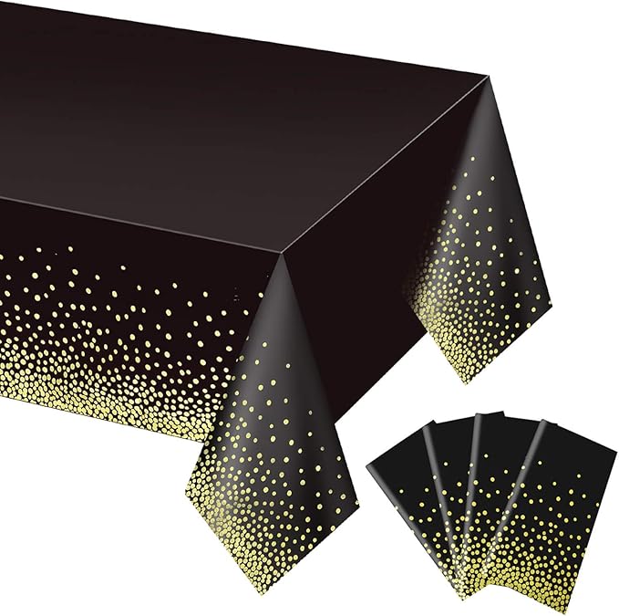 Gexolenu 4 Pack Black and Gold Plastic Tablecloth for Rectangle Tables(54" x 108"), Party Table Cover for Birthday, Table Cloths for Graduation, Retirement Party Decoration, Class of 2026
