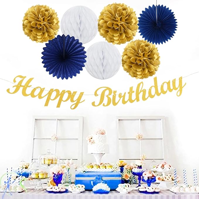 Navy-Blue Gold Birthday Party-Decorations Paper-Flowers - 14pcs Happy Banner Royal Lanterns Tissue Pom Poms,Men Streamers Garland Fans Honeycomb,Teen Boys Male Kids Hanging Supplies Decor Hugfond