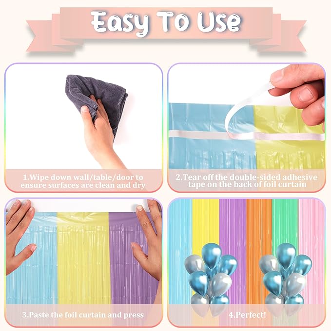 2 Pack Pastel Rainbow Foil Fringe Backdrop Curtains, Tinsel Streamers Party Decorations, Fringe Backdrop, Door Shimmer for Baby Shower or Birthday Party