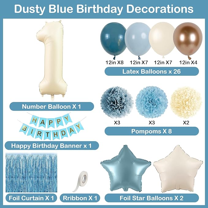 Dusty Blue 1st Birthday Decorations Beige Cream Number 1 Balloon with Blue Gold Happy Birthday Banner Fringe Curtain Paper Pom Poms Nude White Sand Champagne Star Foil Balloons Party Decor