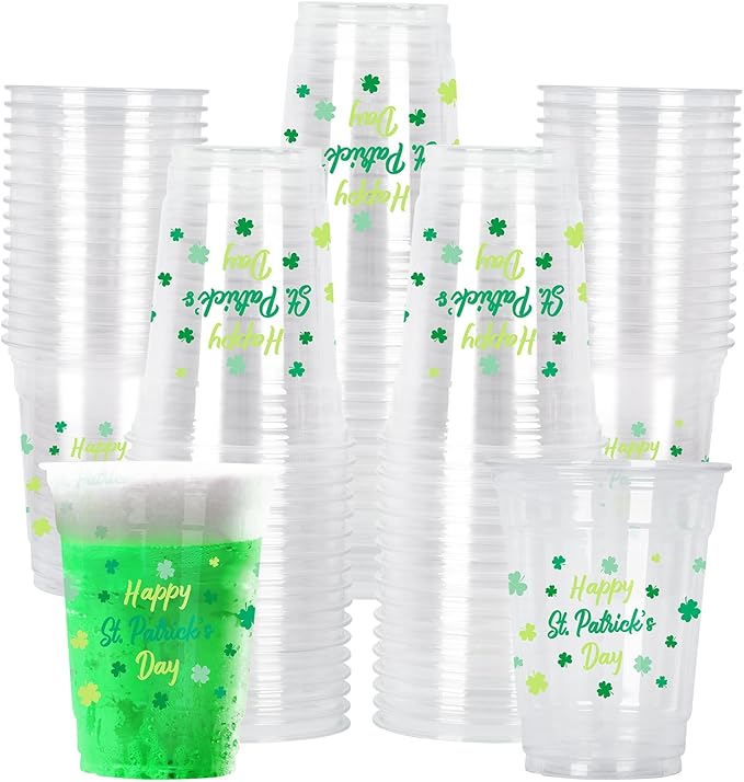 St. Patrick's Day Celebration Pack - 60 Pcs 12oz Irish Themed Plastic Cups with Lucky Shamrock Design, Disposable for Easy Clean-Up, Ideal for Party Supplies & Favors,Irish Party Decorations