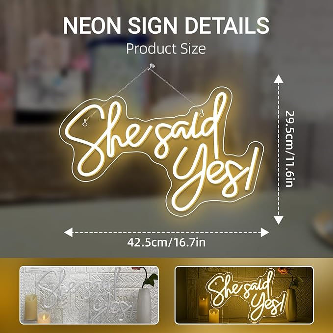 Gamerneon She Said Yes Neon Sign Warm White LED Word Neon Lights for Wall Decor Proposal Decorations USB Letter Neon Light Signs for Bachelorette Engagement Party Bridal Shower Romantic Night