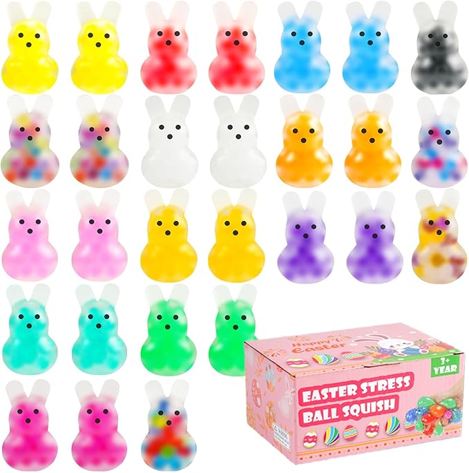 28Pack Easter Squishies,Easter Bunny Stress Balls for Adults,Easter Basket Stuffers,Bulk Squishy Easter Toys Stress Relief Fidget,Easter Egg Fillers Party Favors Gifts