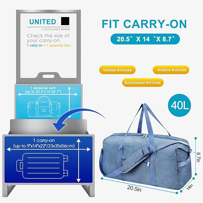 Carry on luaggage 22x14x9 Airlines Approved, Foldable Travel Duffel Bags Weekender Overnight Carry on Duffel Luggage Gym Duffle Bag with Wet Pocket & Shoe Compartment for Women Men(Blue, 40L)