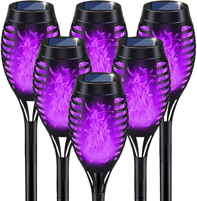 IkeeRuic Halloween Decorations Outdoor, Purple Halloween Solar Lights with Flickering Flame, Solar Torch Lights for Yard Decorations, Waterproof Outdoor Lighting for Garden Pathway Patio Outside Decor