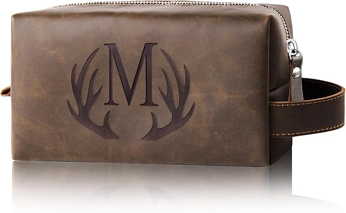 Mens Toiletry Bag Personalized Easter Fathers Day Birthday Gifts for Men Him Initial PU Leather Waterproof Shaving Bag for Toiletries Accessories Travel Essential for Dad Husband Boyfriend (M)