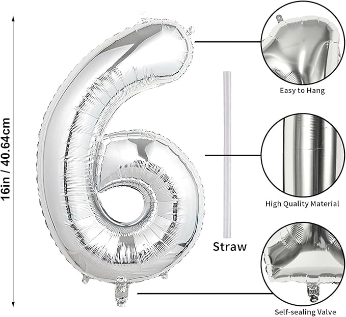 16 In Silver Large Numbers Balloons 0-9, Self Inflating Number 6 Balloons for Boys Girls, Big Silver Digit 6 Balloons for Women Men Birthday Party Anniversary Wedding Supplies Decorations