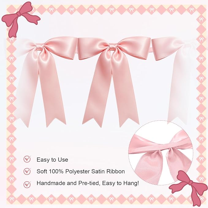 1 String of 8PCS Pink Bow Garland Banner Decoration,Pre-Strung Satin Ribbon Ornaments for Birthday,Bachelorette Party,Bridal Shower,Wedding,Engagement,Baby Shower,Graduation Decor,Anniversary