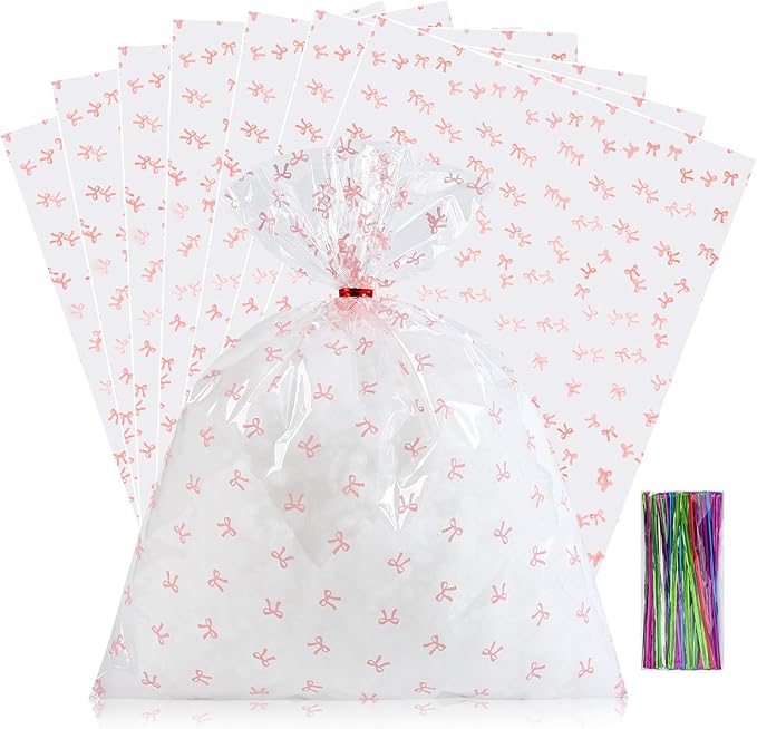 SOMIOCO Clear 100 PCS 8X12 In Cello Cellophane Treat Bags Party Favor Bags Pink Candy Cookie Bags Clear Plastic Gift Goodie Bags with Twist Tie for Birthday,Baby shower,Wedding(Bow pattern)
