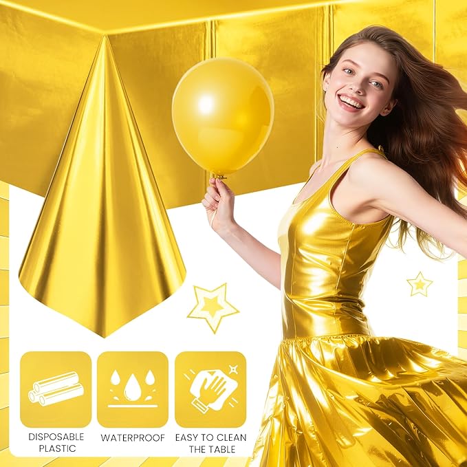 4 Pieces Bright Gold Metallic Foil Tablecloth - Stunning Matte Finish, Durable and Easy to Clean - Perfect for Bachelorette, Birthday, Wedding, and Anniversary Party Decorations