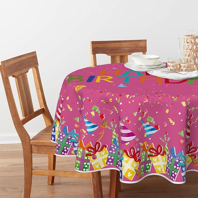 Horaldaily Birthday Tablecloth 70x70 Inch Round, Happy Birthday Ballon Pink Washable Seasonal Table Cover for Party Picnic Dinner Decor