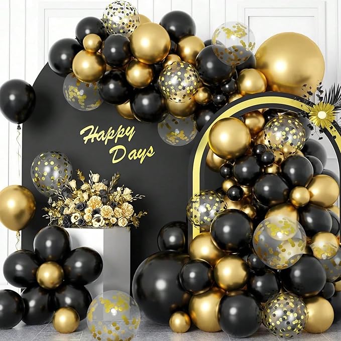 Patimate Black Gold Confetti Balloons Set, 50 pcs 12 inch Metallic Gold Black Confetti Latex Balloons Kit for Birthday Wedding Graduation New Years Anniversary Party Decorations