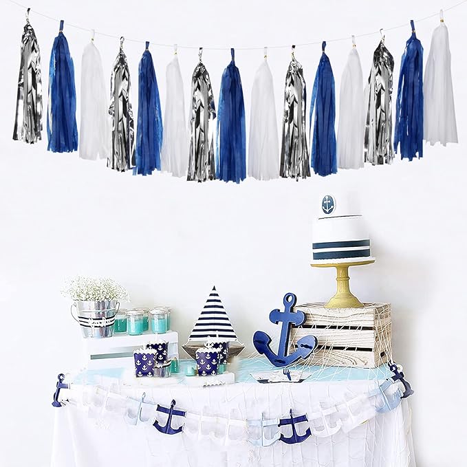 Navy-Blue White-Silver Tassel Garland Streamers - 15pcs Party Decorations Tissue Paper Tassels Banner,Graduation 2025 Wedding Baby Bridal Shower Hanging Decoration Boy Birthday Backdrop Decor Panduola